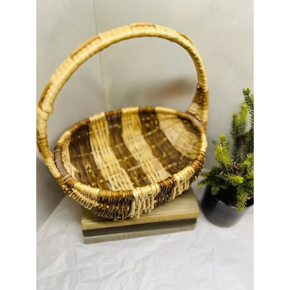 Two‑Tone Oval Wicker Gathering Basket Light & Dark Stripe 11.5x8.5x10.5 inch